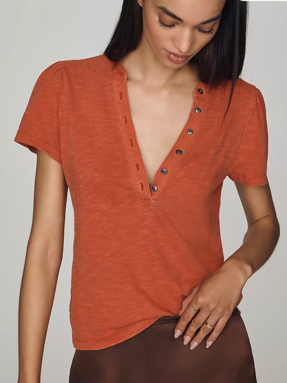 Anthropologie Rust Button-Placket Short Sleeve Tee